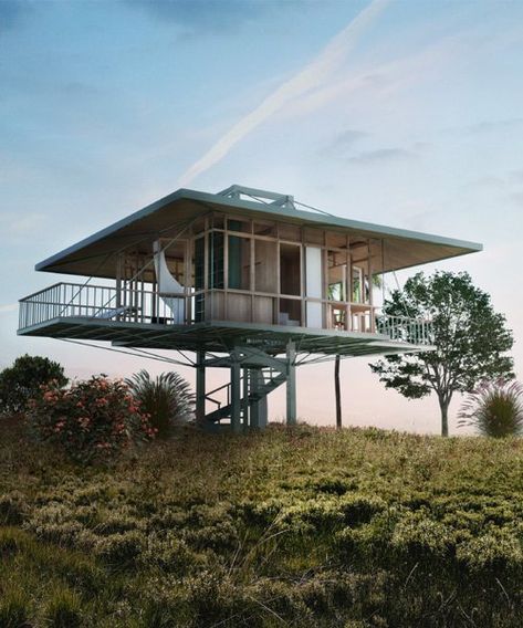 alexis dornier's 'stilt studios' offer elevated living in indonesia Homes On Stilts, Alexis Dornier, Cabin On Stilts, Elevated House, House On Stilts, Casa Container, Prefabricated Houses, Concrete House, River House