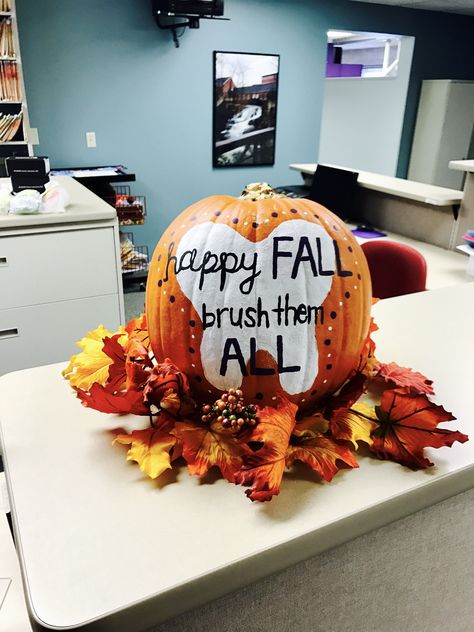 Fall Dental Marketing Ideas, Pumpkin Dental Ideas, Fall Orthodontic Marketing, Dental Office Pumpkin Ideas, Dental Chalkboard Ideas, Dental Office Chalkboard Ideas, Dental Office Halloween Decor, Dental Pumpkin Carving Ideas, Pumpkin Painting Ideas Dental