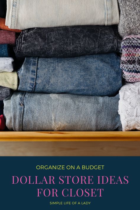 Organizing the closet doesn't have to be expensive. Here's how to organize your closet with just one trip to the dollar store! How To Organize Tank Tops In Closet, Closet Tshirt Organization Ideas, Tshirt Organization Closet Storage, Jean Organization Closet, Organizing Pants In Closet, Top Shelf Closet Organization, Dollar Store Closet Organization, Closet Organization Hacks, Makeup Organization Bathroom