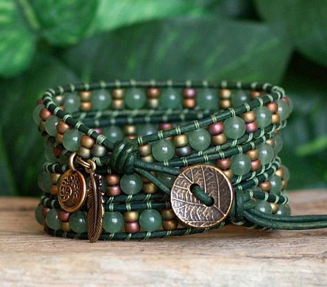 Aventurine Gemstone Seed Bead Leather Multi Wrap Bracelet Multi Wrap Bracelet, Beaded Leather Wraps, Beaded Leather Bracelet, Beads Bracelet Design, Beaded Wrap Bracelets, Bracelet Diy, Handmade Jewelry Designs, Hippie Jewelry, Bead Leather