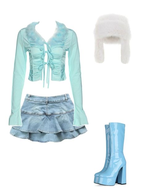 Light Blue Y2k Outfit, Blue Performance Outfit, Light Blue Performance Outfit, Stage Outfits Blue, Kpop Stage Outfits Blue And White, Y3k Outfits, Concert Outfit Ideas Women, Laufey Concert, Preppy Style Outfits