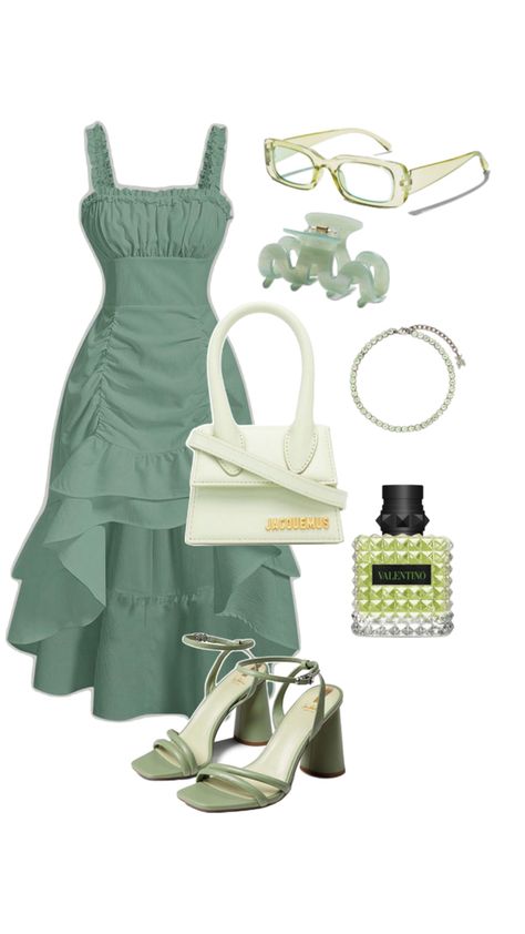 Green dream💚 Cottagecore Fashion Aesthetic, Tomboyish Outfits, Cute Korean Outfits, Cute Dresses For Party, Modesty Outfits, Twin Outfits, Cute Dress Outfits, Cottagecore Fashion, Fancy Dresses Long