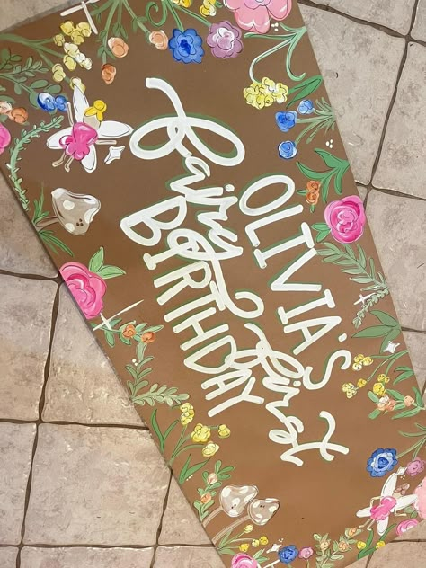 Wildflower Birthday Banner, Garden Party Banner, Diy Fairy First Birthday Decor, Birthday Signs Diy Poster Board, Fairy Birthday Banner, Paper Poster Ideas, Party House Ideas, Plant Birthday Party, Birthday Photo Wall