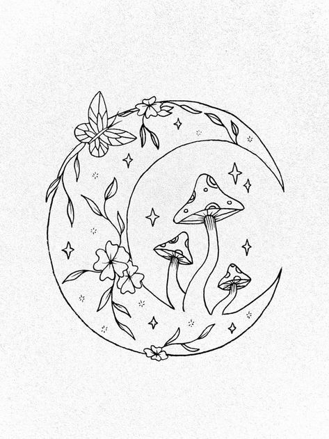 Moon Mushroom, Mushroom Moon, Tattoos Cute, Floral Tattoo Shoulder, Optical Illusion Tattoo, Mushroom Tattoos, Moon Tattoo Designs, Cute Little Tattoos, Line Work Tattoo