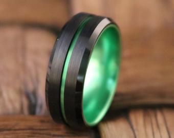 Mens ring green | Etsy $70 Green Tungsten Ring, Wedding Band Black, Stackable Diamond Rings, Unique Opal, Black Tungsten Rings, Tungsten Carbide Wedding Bands, Tungsten Wedding Band, Black Wedding Band, Tungsten Mens Rings