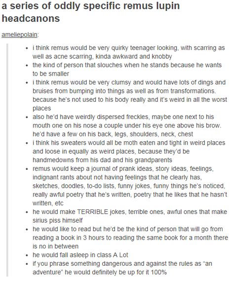 Remus Lupin. Though I think he would conform to the rules a bit more rather than instantly go for something dangerous. Werewolf Remus Lupin, Remus Lupin Quidditch Commentary, Marauders Remus, Universal Harry Potter, Marauders Headcanons, Awful Puns, Padfoot And Prongs, Moony Wormtail Padfoot And Prongs, Memes Harry Potter