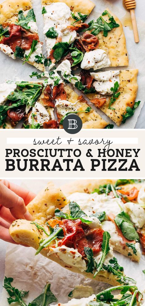 Homemade Pizza With Prosciutto, Prosciutto Hot Honey Pizza, Homemade Pizza Oven Recipes, Burrata Arugula Pizza, Healthy Pizza Toppings Ideas, Burrata And Prosciutto Pizza, Pizza With Prosciutto And Arugula, Burrata Flatbread Recipes, Flatbread Pizza Prosciutto