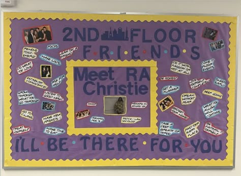 Purple board with yellow bordering. Friends themed Resident Assistant Board Friends Bulletin Board Ideas, Friends Bulletin Board, Ra Floor Themes, Resident Events Ideas Apartments, Res Life Bulletin Boards, Door Dec Ideas, College Bulletin Boards, Classroom Designs, Resident Advisor