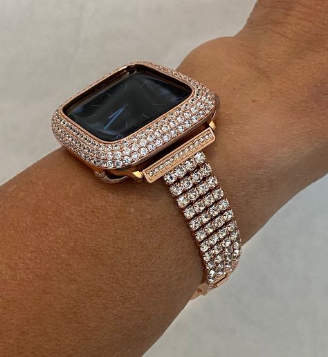 Apple Watch Band 40mm Woman Rose Gold  and or Lab Diamond Bezel Cover Iwatch Bling RPB1 Apple Watch Band Women, Apple Watch Cover, Gold Apple Watch Band, Series 7 Apple Watch, Candy Watch, Apple Watch Bands Women, Ceramic Apple, Rose Gold Apple Watch, Gold Crystals