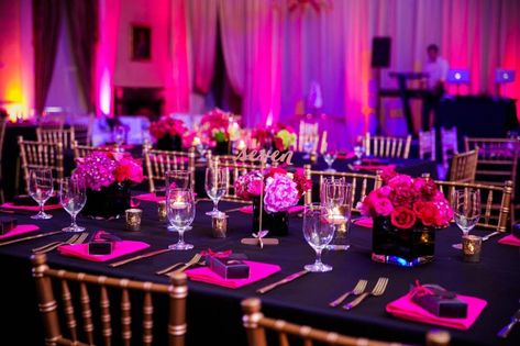 Hot Pink And Black Table Decor, Sweet 16 Party Hot Pink, Hot Pink And Gold Centerpieces, Pink And Black Dinner Table Decor, Hot Pink And Black Wedding Ideas, Black And Fuschia Wedding, Pink Black Sweet 16, Pink And Black Table Decorations, Hot Pink And Black Wedding Theme