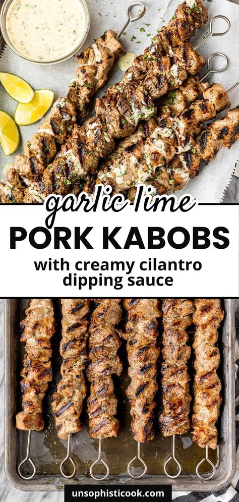 Need a wow-worthy new grilling recipe for your next cookout? These delicious garlic lime pork kabobs totally fit the bill! Juicy grilled pork tenderloin cubes infused with the BEST honey garlic lime marinade, AND the pork marinade doubles as the base for an out of this world creamy cilantro sauce... | pork kabob marinade | kabob recipe pork | pork kabobs on the grill | grilled pork skewers | marinade recipes for pork | pork kebabs recipe Pork Skewers Marinade, Pork Kabobs On The Grill, Pork Kabob Marinade, Bbq Meals, Kabob Marinade, Pork Kebabs, Lime Marinade, Pork Kabobs, Juicy Pork Tenderloin