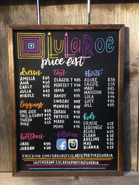 Handwritten LulaRoe pricing guide chalkboard Chalkboard Price Signs, Chalkboard Price List, Chalkboard Business Sign Ideas, Ice Cream Slogans, Business Chalkboard, Price Signage, Cafe Menu Boards, Chalk Menu, Price Board