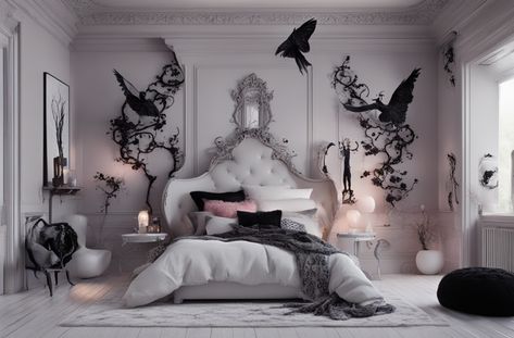 Far Out Whimsy Goth Bedroom Designs That’ll Freak Your Folks - DreamyHomeStyle Girly Goth Aesthetic Room, White Gothic Bedroom, Pink And Black Bedroom Aesthetic, Pastel Goth Aesthetic Room, Goth Glam Decor, Pink Bohemian Bedroom Goth, Wimsey Goth Style Bedroom, Goth Aesthetic Room, Goth Princess Aesthetic Room