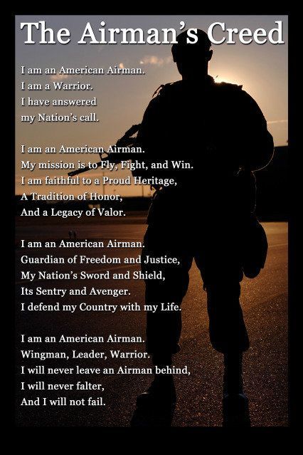 Air Force Creed... While this doesn't exactly pertain to my time in the Air Force, I would have been proud to live it. USAF! Air Force Love, Wall Office Decor, Air Force Families, Air Force Military, Wall Office, Military Pride, Military Quotes, Air Force Mom, Air Force Veteran