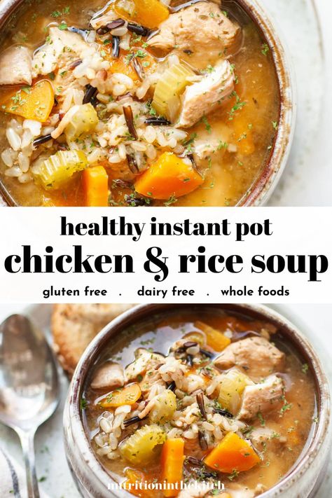 Looking for soup recipes? This easy, healthy, homemade instant pot chicken and rice soup is so delicious! It’s comforting, warm, and has that classic flavour but is gluten free, dairy free, and healthy! Use wild rice or brown rice, and try the stovetop method if you don’t have an instapot! Soup Stovetop, Instant Pot Chicken And Rice, Easy Chicken Soup, Wild Rice Recipes, Healthy Instant Pot, Chicken Wild Rice Soup, Rice Soup Recipes, Winter Meals, Chicken Rice Soup