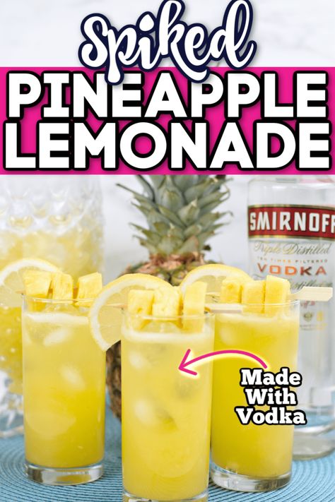 This spiked pineapple lemonade is a refreshing adult beverage made with fresh pineapple, lemon juice, and vodka. Beat the heat with this boozy lemonade cocktail recipe. #Pineapple #Cocktail #Vodka #VodkaCocktail #PineappleCocktail #Lemonade #BoozyLemonade Pineapple Cocktail Vodka, Spiked Pineapple, Pineapple Vodka Drinks, Boozy Lemonade, Delicious Grill Recipes, Pineapple Lemonade Recipe, Lemonade Cocktail Recipe, Vodka Recipes Drinks, Pineapple Vodka