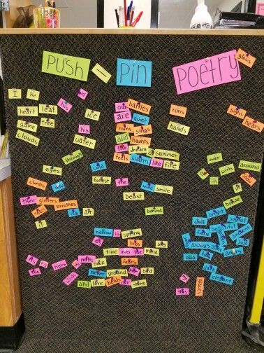 Push pin poetry Poetry Cafe Classroom Decorations, Poetry Bulletin Board Ideas, Poetree Bulletin Board, Push Pin Poetry, Poetry Library Display, Poetry Month Library Display, Poetry Month Bulletin Board, National Poetry Month Library Display, School Library Decor