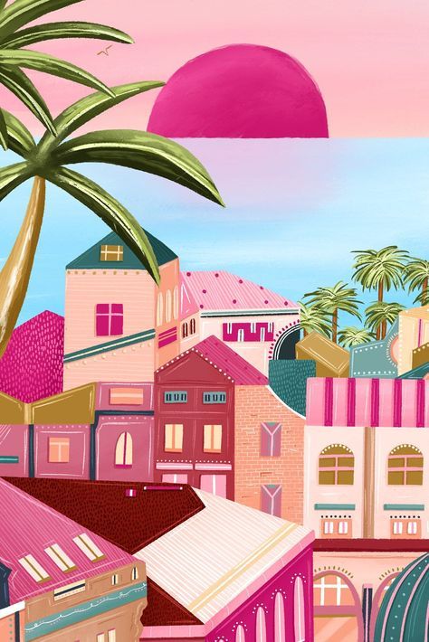 Pink Illustration, Pink Prints, Pink Artwork, Tropical Painting, High Quality Prints, Summer Illustration, Illustrator Art, Summer Painting, Canvas Painting Designs