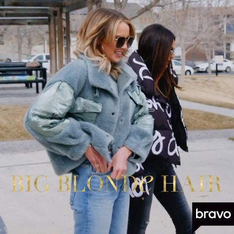 Whitney Rose’s Blue Metallic Sherpa Jacket | Big Blonde Hair Whitney Rose, Housewives Of Salt Lake City, Tv Outfits, Coats 2023, Big Blonde Hair, City Fashion, Sherpa Jacket, Real Housewives, City Style