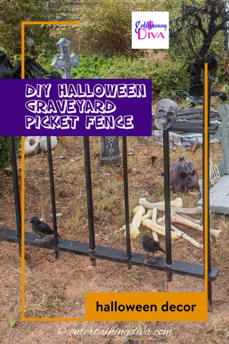 Get inspired by this super easy and spooky DIY Halloween cemetery picket fence. This is the most amazing Halloween outdoor decoration addition to your Halloween graveyard! Plus it is super affordable with using scrap wood and PVC pipe. Diy Halloween Cemetery, Diy Halloween Graveyard, Halloween Fence, Halloween Cemetery, Halloween Outdoor Decoration, Outdoor Halloween Decor, Different Shades Of Black, Yard Haunt, Halloween Graveyard