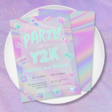 $3.29 | ANY AGE Y2K iridescent rainbow birthday party - y2k birthday invitation, y2k party, y2k invitation, iridescent rainbow, iridescent birthday invitations, y2k birthday party, y2k party invitation, y2k 10th birthday, rainbow birthday invitations, retro birthday invitations Y2k Birthday Party, Y2k Birthday, Rainbow Birthday Invitations, Y2k Party, 27th Birthday, Retro Birthday, Rainbow Birthday Party, Birthday Party Invite, Toddler Birthday