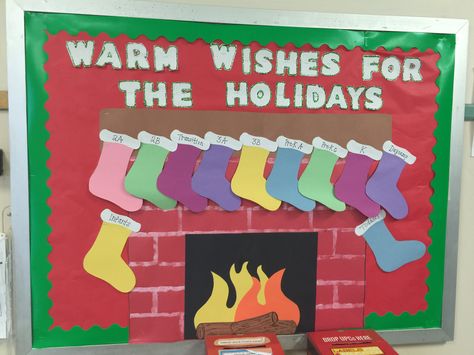 Fireplace bulletin board for daycare December Bulletin Boards, Christmas Bulletin Boards, Classroom Christmas Decorations, Winter Bulletin Boards, Christmas Bulletin Board, Christmas Bulletin, Preschool Christmas, Christmas Classroom, Christmas Fireplace