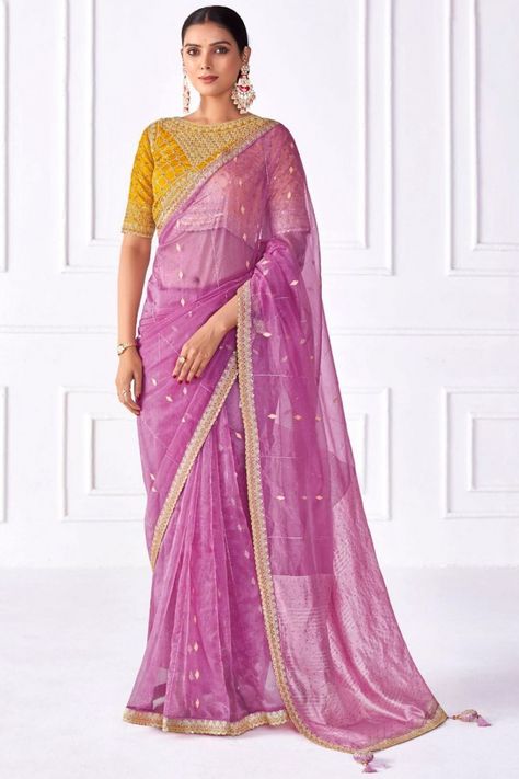 Onion Pink Organza Party Wear Saree Saree For Engagement, Classic Saree, Onion Pink, Lehenga Style Saree, Indian Designer Sarees, Latest Indian Saree, Lehenga Style, Embroidered Saree, Indian Sarees Online