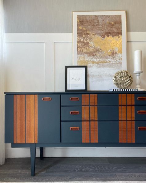 I have absolutely loved working on this gorgeous Nathan Sideboard. There’s something very special about these pieces that just scream quality craftsmanship. . I was hoping to keep as much of the original wood as possible, but it soon became apparent that a more custom look was needed. I decided to go with a simple, yet retro 70’s design on this sideboard, with a custom paint mix that resulted in a stunning blue with a slight hint of teal using @fusionmineralpaintuk Available now Link in b... Nathan Sideboard, Nathan Furniture, Retro Sideboard, Dressing Table Desk, Bedroom Sideboard, Sideboard Bar, Blue Pictures, Living Room Bookcase, Vintage Sideboard