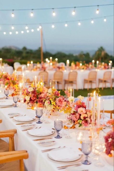 Cabo Weddings, Bright Wedding, Sunset Wedding, Wedding Theme Colors, Future Wedding Plans, Garden Party Wedding, Long Table, Wildflower Wedding, Wedding Table Settings