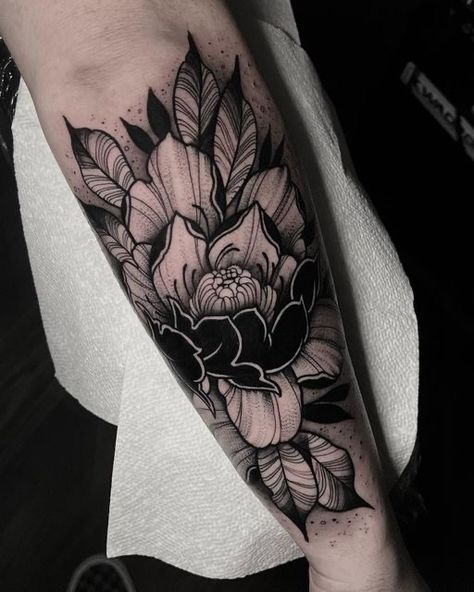 Black And White Peony Tattoo, Peony Tattoo Black And White, Blackwork Peony Tattoo, Black Peony Tattoo, Blackwork Peony, Peony Tattoo, Chrysanthemum Tattoo, Black Peony, Peonies Tattoo