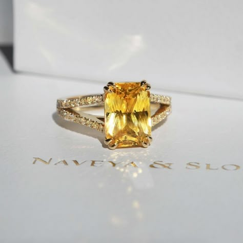 Yellow Sapphire Diamond Ring, Engagement Ring Yellow Stone, Engagement Ring Split Band, Yellow Sapphire Ring Designs, Yellow Ring Engagement, Gold Engagement Ring Colored Stone, Yellow Diamond Ring Engagement, Engagement Rings Yellow Stone, Yellow Sapphire Ring Gold Women