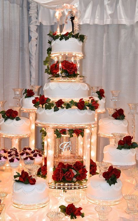 Quince Decorations Ideas, Cake With Red Roses, Erika Diane, Quince Cakes, Regal Wedding, Extravagant Wedding Cakes, Red Quince, Burgundy Roses, Quinceanera Planning