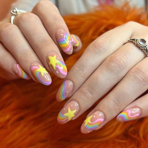 Rainbow Short Nails, Kirby Nails, Nail Bling, Rainbow Road, Grunge Nails, Really Cute Nails, Rainbow Nails, Pink Acrylic Nails, Cute Nail Art