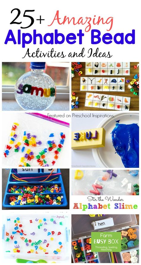 Here are 25+ alphabet activities for preschool and kindergarten. Help children learn their letters, letter sounds, learning to spell, learning to write, and so many more important literacy foundations. Headstart Activities, Bead Activities, Kindergarten Provocations, Teach Alphabet, Preschool Inspirations, Teaching Alphabet, Teaching Abcs, Phonics Learning, Classroom Alphabet