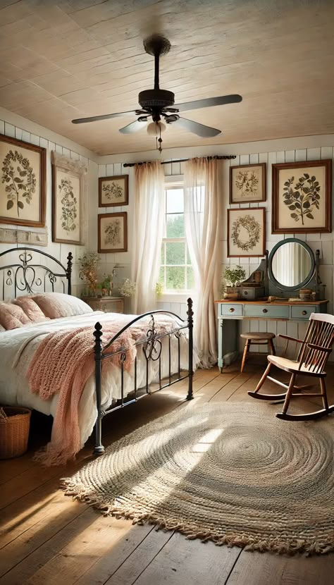 🌾 21 Dreamy Farmhouse Bedroom Decorating Ideas You Can't Resist! 🌾 Wrought Iron Bed Frame, Sheer White Curtains, Vintage Farmhouse Bedroom, Wrought Iron Bed Frames, Wooden Bed Frame Rustic, Cozy Farmhouse Bedroom, Wooden Rocking Chair, Pastel Bedding, Country Bedrooms