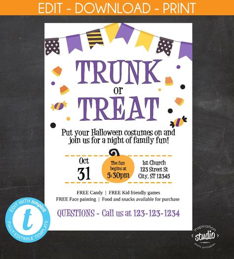 Trunk Or Treat Flyer Free Printable, Trunk Or Treat Poster, Trunk Or Treat Flyer, New Year's Eve Flyer, Treat Ideas, Junk Mail, Free Candy, Trunk Or Treat, Cookie Exchange