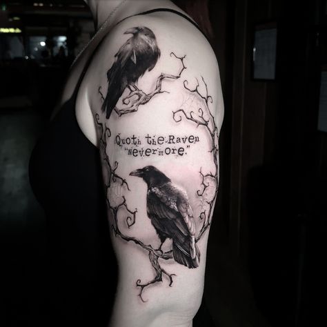 Raven Back Tattoo, Literary Tattoos, Pieces Tattoo, Neck Tattoo For Guys, Raven Tattoo, Floral Tattoo Sleeve, Shoulder Tattoos For Women, Skull Tattoo Design, Book Tattoo