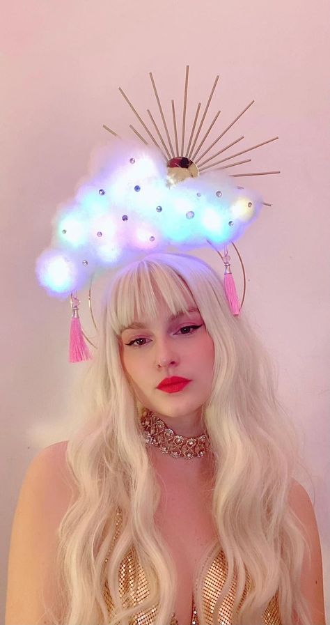 Neon Rave Outfits, Rainbow Crown, Festival Headdress, Disco Ball Mirror, Purple Led Lights, Crown Handmade, Cloud Rainbow, Festival Headpiece, Rave Girls