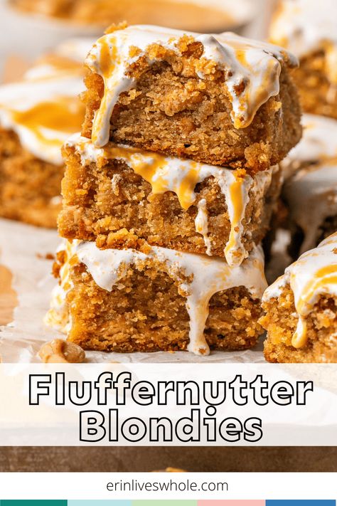 For tonight's dessert, go for something new and delicious with these Fluffernutter Blondies! They're made with everything delicious like brown sugar, peanut butter, and even marshmallow fluff. Chocolate Chip Fluffernutter Blondies, Fluffanutter Bars, Peanut Butter Fluff Bars, Fluffer Nutter Bars, Flutternutter Bars, Fluffernutter Cookie Bars, Desserts With Marshmallow Fluff, Fluffernutter Dessert, Brown Butter Desserts