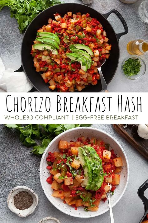 Nothing better than a breakfast skillet! This Whole30 breakfast recipe is made with chorizo, potatoes and veggies. It's the perfect egg-free paleo breakfast. This healthy meal is ready to go in under 20 minutes and is the perfect meal prep dish! #whole30recipes #whole30mealprep #breakfastskillet #paleo #paleorecipes Egg Free Paleo Breakfast, Chorizo Recipes Dinner, Chorizo Potatoes, Potatoes And Veggies, Whole30 Breakfast Recipes, Egg Free Breakfast, Chorizo Breakfast, Whole30 Breakfast, Whole30 Meal Prep