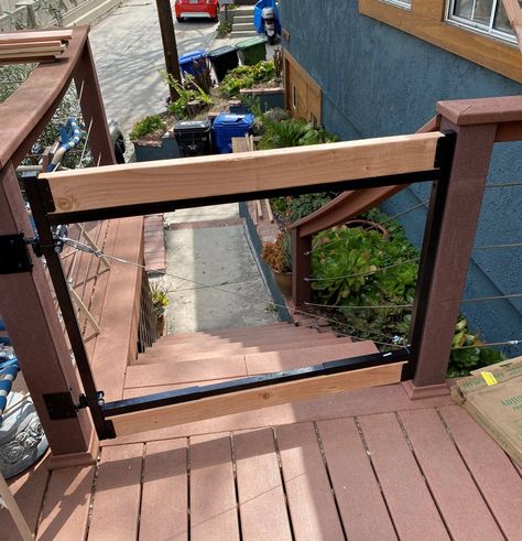 How To Build A Deck Gate With Easy To Source Materials - ManMadeDIY Building A Gate For A Deck, Deck Gate Diy, Diy Porch Gate, Deck Gate Ideas, Cable Railing Diy, Deck Gates, Diy Gate, Porch Gate, Deck Gate