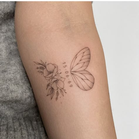 Tattoos That Represent Survival, Butterfly Tattoo With Flowers And Date, Date And Butterfly Tattoo, Daffodil Butterfly Tattoo, Butterfly Tattoo With Date In Middle, Lotus Flower Tattoo Butterfly, Butterfly And Birth Year Tattoo, Birth Flowers With Butterfly Tattoo, Butterfly Date Tattoo