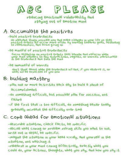 DBT - emotion regulation abc please Mentalization Based Therapy, Dbt Skills Cheat Sheet, Marsha Linehan, Dbt Therapy, Distress Tolerance, Dbt Skills, Behavior Therapy, Dialectical Behavior Therapy, Mental Health Counseling