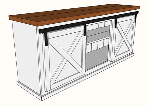 We’re adding one more requested variation to our sliding barn door console series this morning.  This 3-bay, 2 door variation measures 70″ wide, 30″ high and 18″ deep. Remember once you are done building your own sliding barn door console, or anything you’ve built that has been inspired by any of our plans, we’d love to see … Barn Door Sliders, Barn Door Tv, Barn Door Console, Wood Dog Crate, Diy Sliding Door, Diy Console, Bbq Table, Diy Sliding Barn Door, Furniture Building