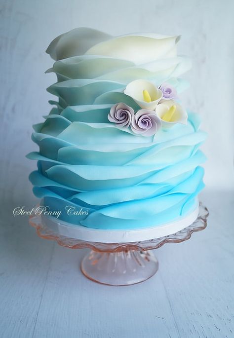 Blue ombre ruffle wrap - by SteelPennyCakes @ CakesDecor.com - cake decorating website Ruffle Wedding Cake, Wedding Cake Ombre, Round Wedding Cakes, Traditional Wedding Cakes, Ombre Cake, Ruffle Cake, Unique Cakes, Gorgeous Cakes, Wedding Cake Designs