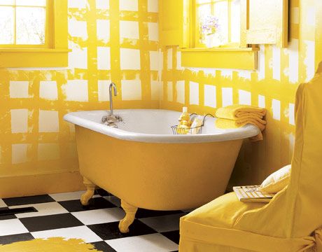 holy awesomeness  Bathroom Design Ideas – Pictures of Bathroom Designs - Country Living Painted Clawfoot Tub, Yellow Aesthetics, Checkered Floor, Yellow Bathroom Decor, Yellow Things, Big Tub, Yellow Bathroom, Yellow Home Decor, Yellow Interior