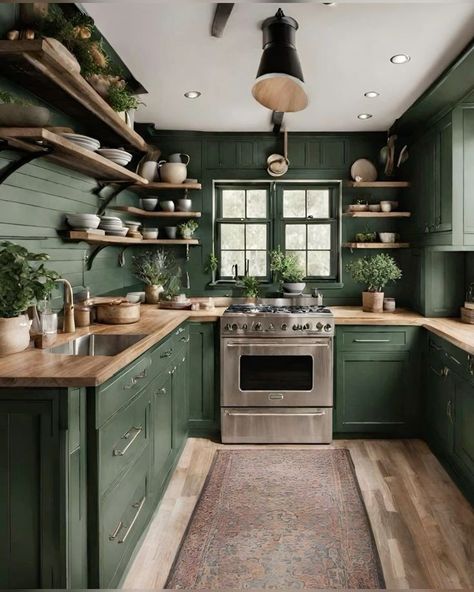 Green Cabinets With Butcher Block, Modern Green Kitchen, Green Kitchen Aesthetic, Organization Ideas Kitchen, Modern Wooden Kitchen, Dark Green Paint, Green Kitchen Designs, Dark Green Kitchen, British House