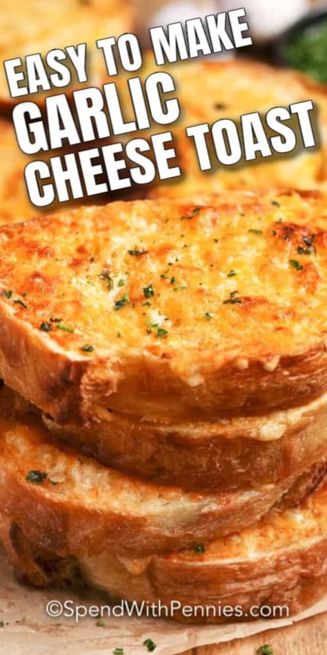 Cheese toast is an easy recipe that is so delicious! Bread is topped with a cheesy garlic mixture and oven-baked until golden brown and melty!  #spendwithpennies #garliccheesetoast #cheesetoast #baked #recipe #oven Garlic Cheese Toast, Cheese Toast Recipe, Bread Garlic, Cheese Pull, Baked Recipe, Garlic Spread, Homemade Garlic Bread, Garlic Cheese Bread, Garlic Bread Recipe