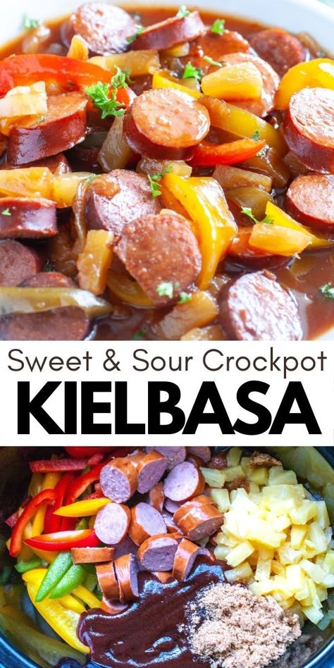 Kielbasa And Pineapple Recipes, Kielbasa And Perogies Recipes Crockpot, Sweet And Sour Kielbasa, Crockpot Kielbasa, Sausage Crockpot Recipes, Crockpot Dinner Recipes, Sausage Crockpot, Smoked Sausage Recipes, Crockpot Appetizers