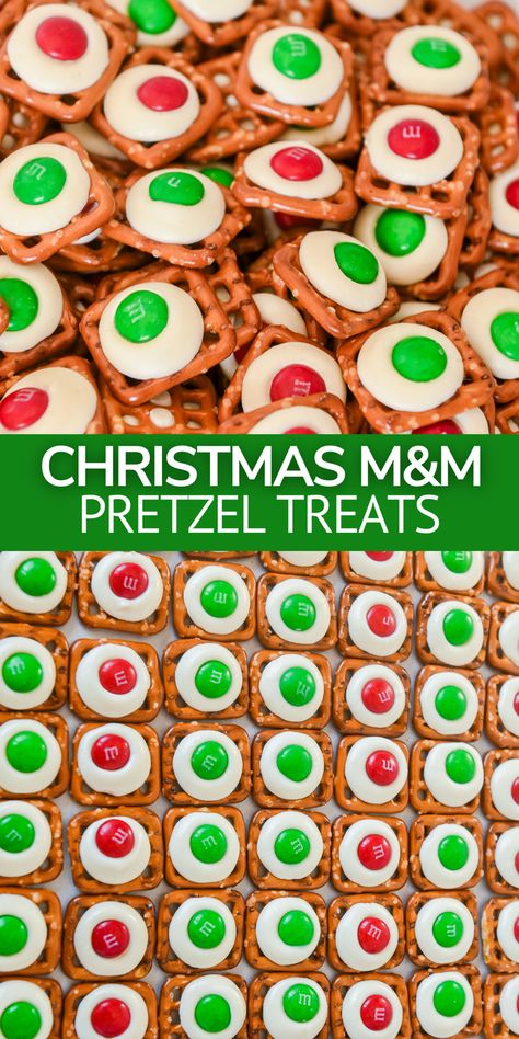 Make this holiday white chocolate M&M pretzel recipe for an easy Christmas treat in just 20 minutes! Fun for kids to make and the perfect easy idea for cookie exchanges. Pretzels With M&ms Holiday Treats, Pretzel M M Treats, White Chocolate Mix Christmas, Pretzel Hugs M&ms Christmas Treats, Pretzel And M&m Treats, Carmel Pretzel Chocolate Bites, Kiss Pretzel M&m, Peanut Free Christmas Treats For School, Christmas Candy Treats For Kids